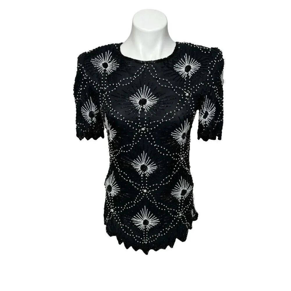 Vintage Scala silk beaded top in black and white size S